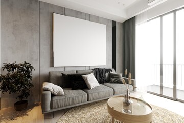 Poster frame mock-up in home interior background with sofa, table and decor in living room, 3d render