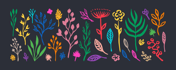Grunge hand drawn doodle plants set. Big collection of abstract trendy floral elements and shapes for creating patterns or backgrounds. Grunge abstract flowers and palnts.