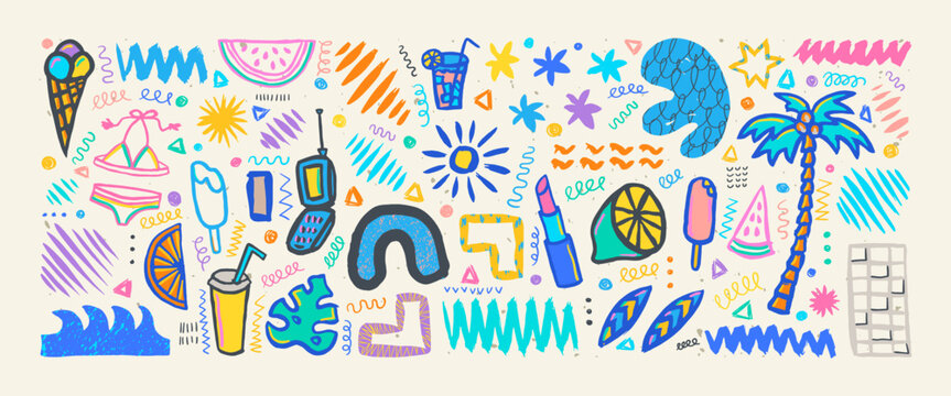 Hand drawn grunge doodles set. Big collection of abstract modern elements and shapes. Tropical vacation. Palm tree, watermelon, bikini, fruits, ice cream.