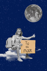 Vertical collage portrait of positive guy black white gamma sit cloud hold paper poster to the moon...