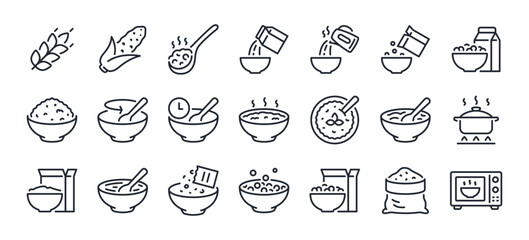 Breakfast, oatmeal and cereals editable stroke outline icons set isolated on white background flat vector illustration. Pixel perfect. 64 x 64.