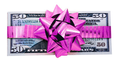 50 dollar notes wrapped with a  pink ribbon transparent