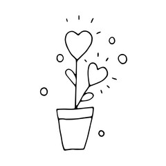Flower in the form of hearts in a pot. Indoor plant. Love, romance, feelings, emotions. Doodle. Drawn by hand. Gift for Valentine's Day. Sketch. Silhouette. Black and white. Contour. Coloring.