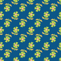 Wildflower seamless vector pattern background. Blue green yellow stylized meadow flowers and leaves backdrop. Folk art stitch effect style. Cottagecore botanical repeat for summer, vacation, spring
