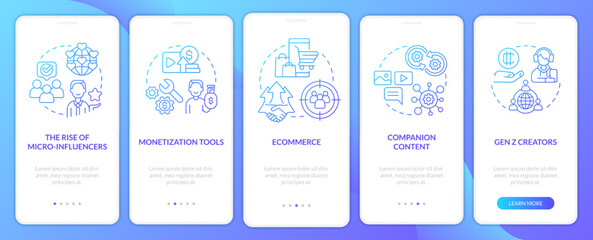 Creator economy trends blue gradient onboarding mobile app screen. Walkthrough 5 steps graphic instructions with linear concepts. UI, UX, GUI template. Myriad Pro-Bold, Regular fonts used