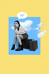 Vertical collage image of minded miserable girl black white effect sit suitcase think plane painted clouds sky creative background