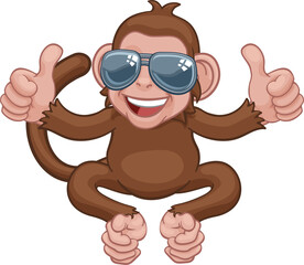 A monkey cool cute happy cartoon character animal wearing sunglasses giving a double thumbs up