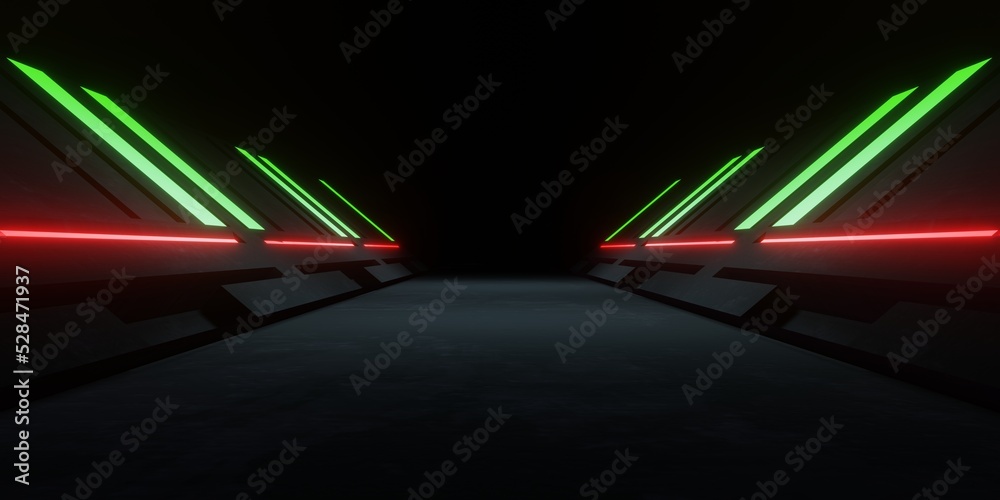 Wall mural 3d rendering of spaceship corridor with green red neon glowing background futuristic. scene for adve