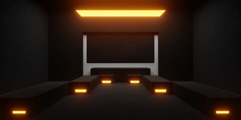 3d rendering of spaceship corridor neon glowing orange black background futuristic. Scene for advertising, showroom, technology, future, modern, sport, metaverse, game, garage. Sci Fi Illustration