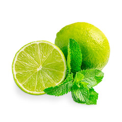 Whole and halved sour ripe juicy green limes and fresh aromatic mint leaves isolated on white background used as ingredient for preparation of lemonade drink or mojito cocktail and also in culinary