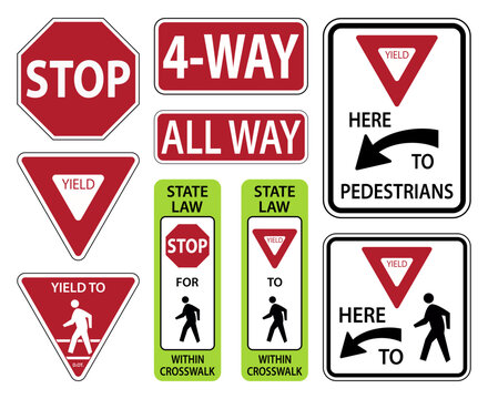 Traffic road sign all way,4-way,stop here to pedestrians warning