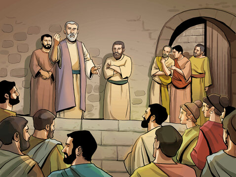 Biblical scene illustration. Prophet speaking to the early Christians.Illustration about prophet talking to the crowd in ancient Rome.