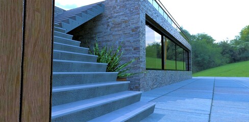 Concrete staircase to the second floor of a modern newly built house. Paving stones from large stone slabs. Finishing the facade is old slate. 3d render.