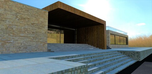 Convenient stone staircase in front of the entrance to an advanced private building. Finishing the porch vertical facade board. 3d render.