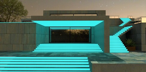 Illuminated porch of a modern country house with turquoise light at night. The illuminated stairs look very mysterious but cozy. 3d render.