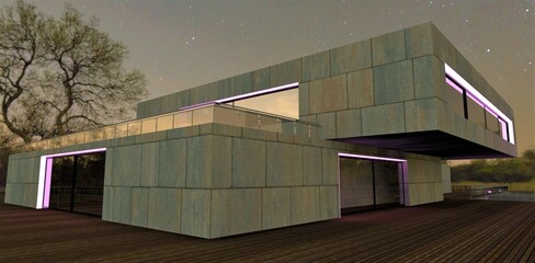 Fototapeta premium Night lighting of a stone building with a purple LED strip. It gives the impression of a mixture of medieval architecture and modern lighting technologies. 3d render.