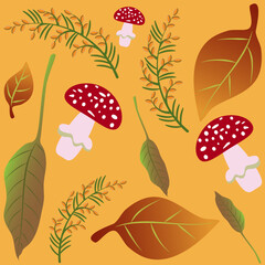 Fototapeta premium A seamless pattern with fly agaric, berries and autumn leaves