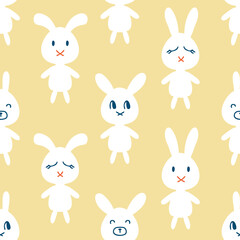 Hand drawn seamless pattern with white bunnies. Perfect retro print for tee, textile and fabric. Simple vector illustration for decor and design.