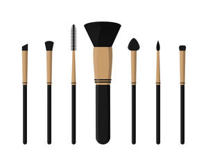 Makeup brush set. Brush for powder, eyelashes, eyebrows, lipstick, shadows, shading. Flat illustration isolated on a white background.