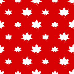 White maple leaves silhouette on a red background seamless pattern