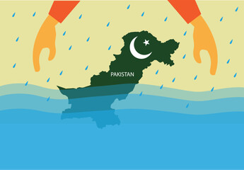 Pakistan Flood Concept. Rescue or Pray for the country. Editorial Clipart.