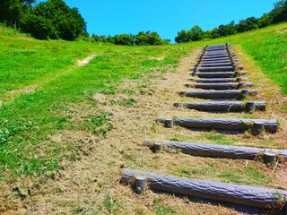 和歌山県海南市のわんぱく公園の芝滑り用の丘と階段と快晴の青空が美しい日本の夏の自然風景（コピースペースあり） - obrazy, fototapety, plakaty