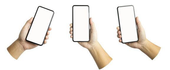 Obraz na płótnie Canvas A set, group of male hand hold a smartphone isolated on white.