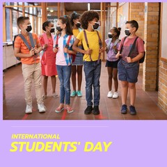 Obraz premium Composition of international students' day text with diverse schoolchildren wearing face masks