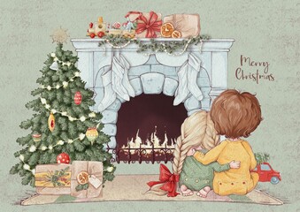 Illustration Christmas card brother and sister by the fireplace and decorated Christmas tree are waiting for gifts.