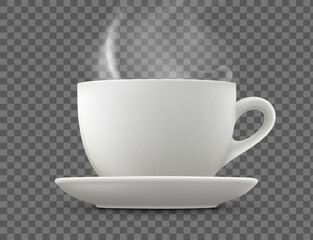 White cup on a saucer with hot drink coffee or tea.