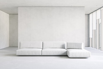Contemporary white minimalist interior with sofa. 3d render illustration mockup.