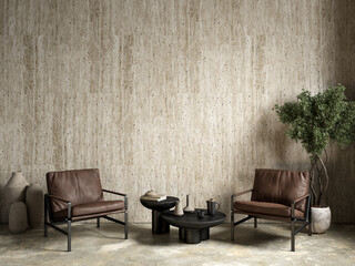 Interior with stone wall, brown armchairs and decor. 3d render illustration mockup.