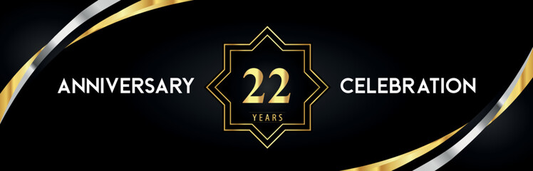 22th anniversary celebration with gold star frames and creative silver shapes on black background. Premium design for the ceremony, jubilee, birthday party, greeting card, wedding, and banner.