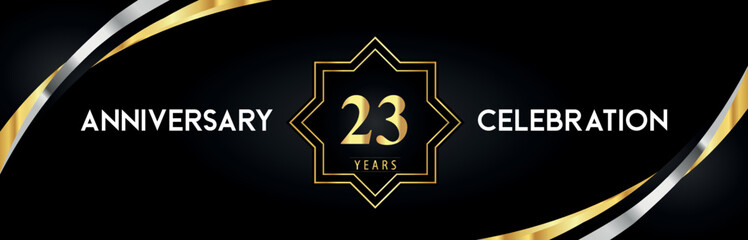 23th anniversary celebration with gold star frames and creative silver shapes on black background. Premium design for the ceremony, jubilee, birthday party, greeting card, wedding, and banner.
