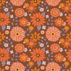 70s flowers seamless pattern. Groovy daisi flower. Hippie aesthetics, vintage style, fall colors. Sunflowers and dahlias with purple foliage. Retro textile design, vector illustration. Boho chic.