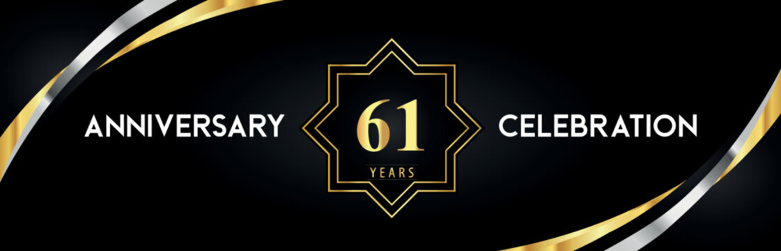 61th anniversary celebration with gold star frames and creative silver shapes on black background. Premium design for the ceremony, jubilee, birthday party, greeting card, wedding, and banner.