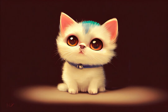 Cute adorable painting of a cat. Kitten with big eyes, cartoon illustration.