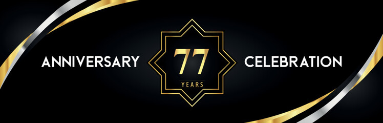 77th anniversary celebration with gold star frames and creative silver shapes on black background. Premium design for the ceremony, jubilee, birthday party, greeting card, wedding, and banner.