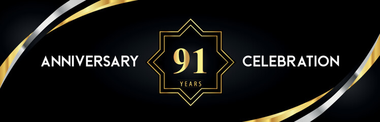 91th anniversary celebration with gold star frames and creative silver shapes on black background. Premium design for the ceremony, jubilee, birthday party, greeting card, wedding, and banner.