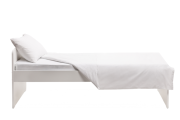 Studio side shot of a white single bed