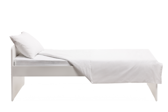 Studio side shot of a white single bed