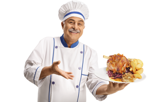 Cheerful mature chef smiling and holding a plate with a meat dish and potatoes