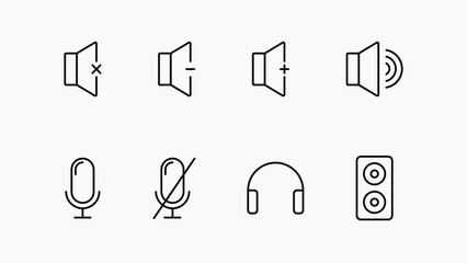 Sound black linear icon set. Headphones, microphone, speaker, and volume mixer. Editable stroke