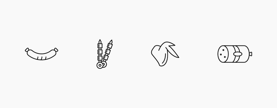 Meat products black line icon set. Sausage, kebab, chicken wing, and sassage vector icon set