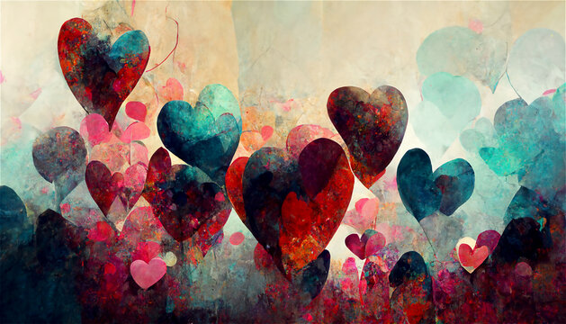 Abstract cartoon love hearts in many colors, shapes and sizes. Conceptual artwork representing love and romance.