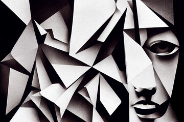 Abstract concept of human thought and memory in black and white. A face can be seen on the right of the artwork.
