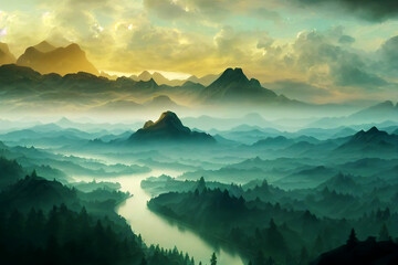 Mountains and rivers softly lit by the setting sun. Digital concept art. Fantasy backdrop illustration of nature.