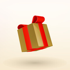 Christmas golden gift box with red ribbon bow. 3D Xmas realistic vector object.
