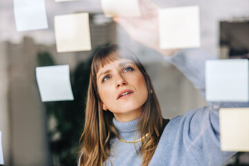 Young businesswoman sticking adhesive notes to a glass wall