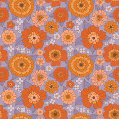 70s flowers seamless pattern. Groovy daisi flower. Hippie aesthetics, vintage style, fall colors. Sunflowers and dahlias with purple foliage. Retro textile design, vector illustration. Boho chic.